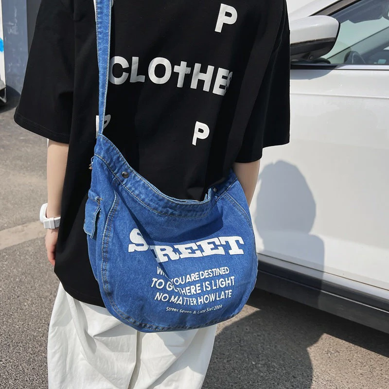 Denim Large Canvas Crossbody Bag - Image 3