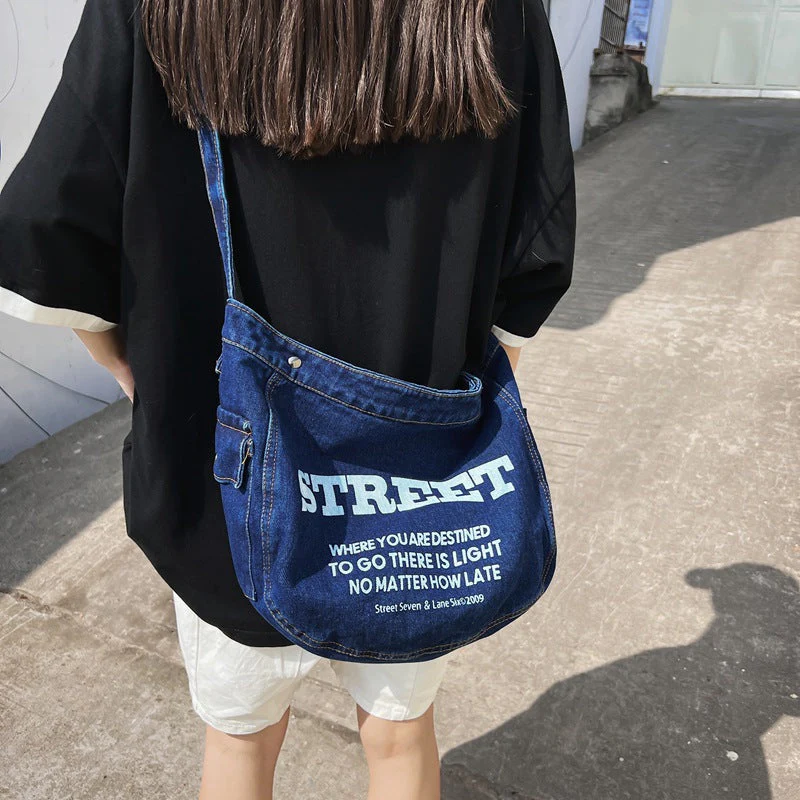 Denim Large Canvas Crossbody Bag - Image 6