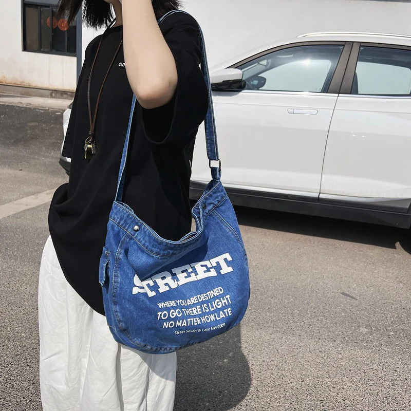 Denim Large Canvas Crossbody Bag - Image 7