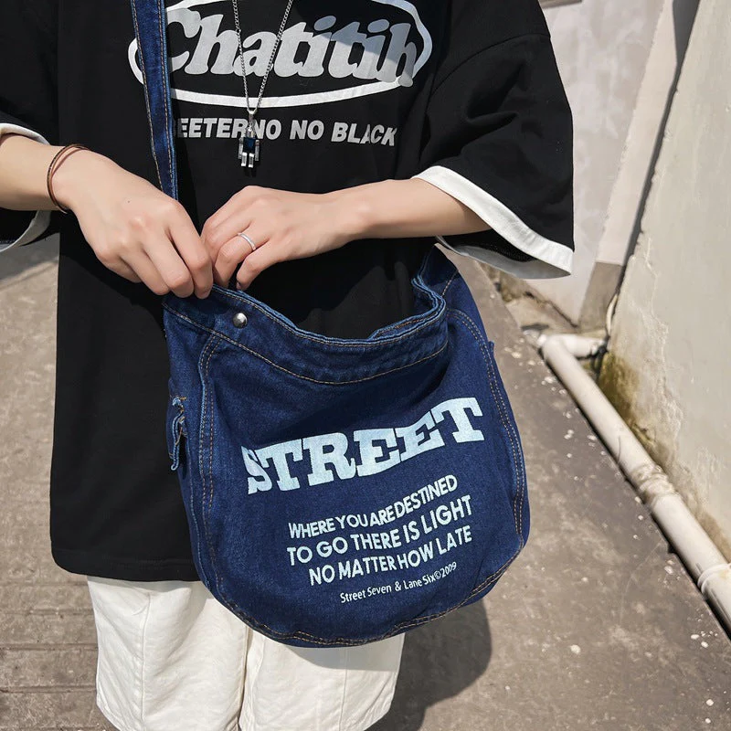 Denim Large Canvas Crossbody Bag - Image 9