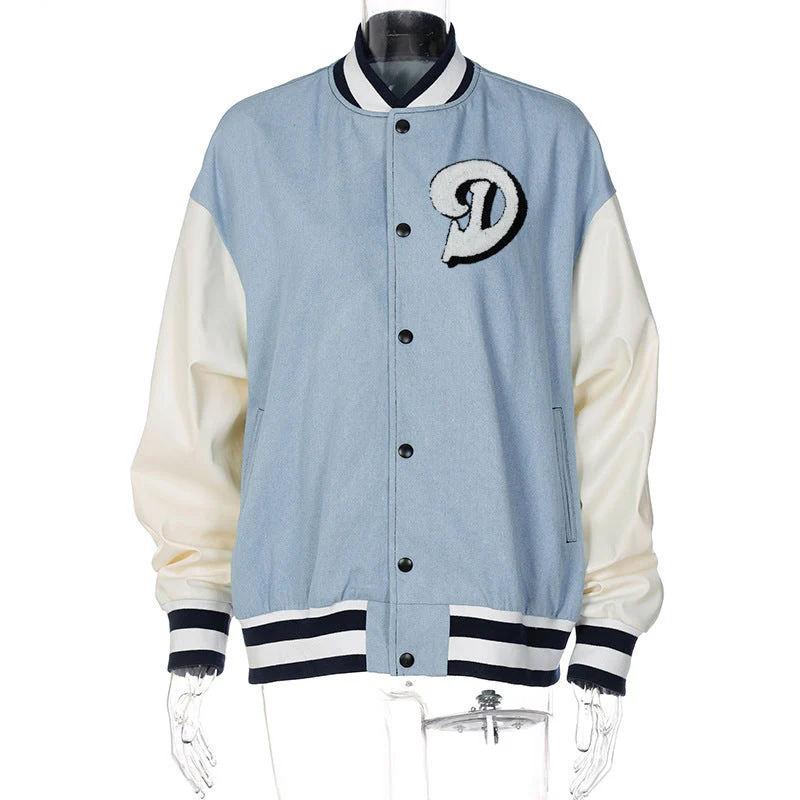Denim Stitching Baseball Uniform Jacket - Image 3