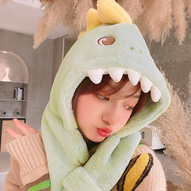 Dinosaur Elk Hooded Scarf Plush Warm Hat - Image 3