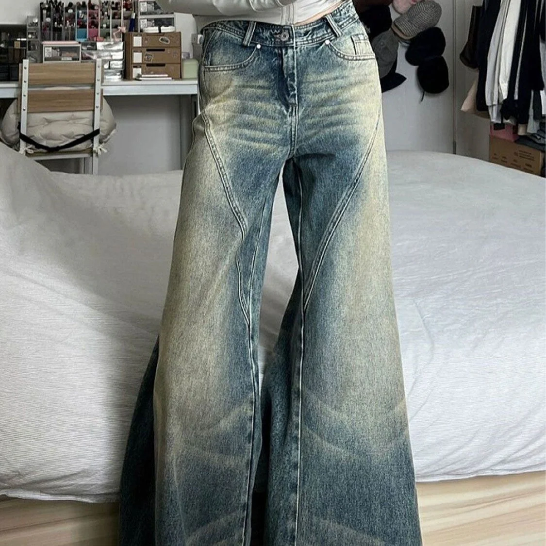 Distressed Washed Splice Design Loose Boyfriend Jeans - Image 7