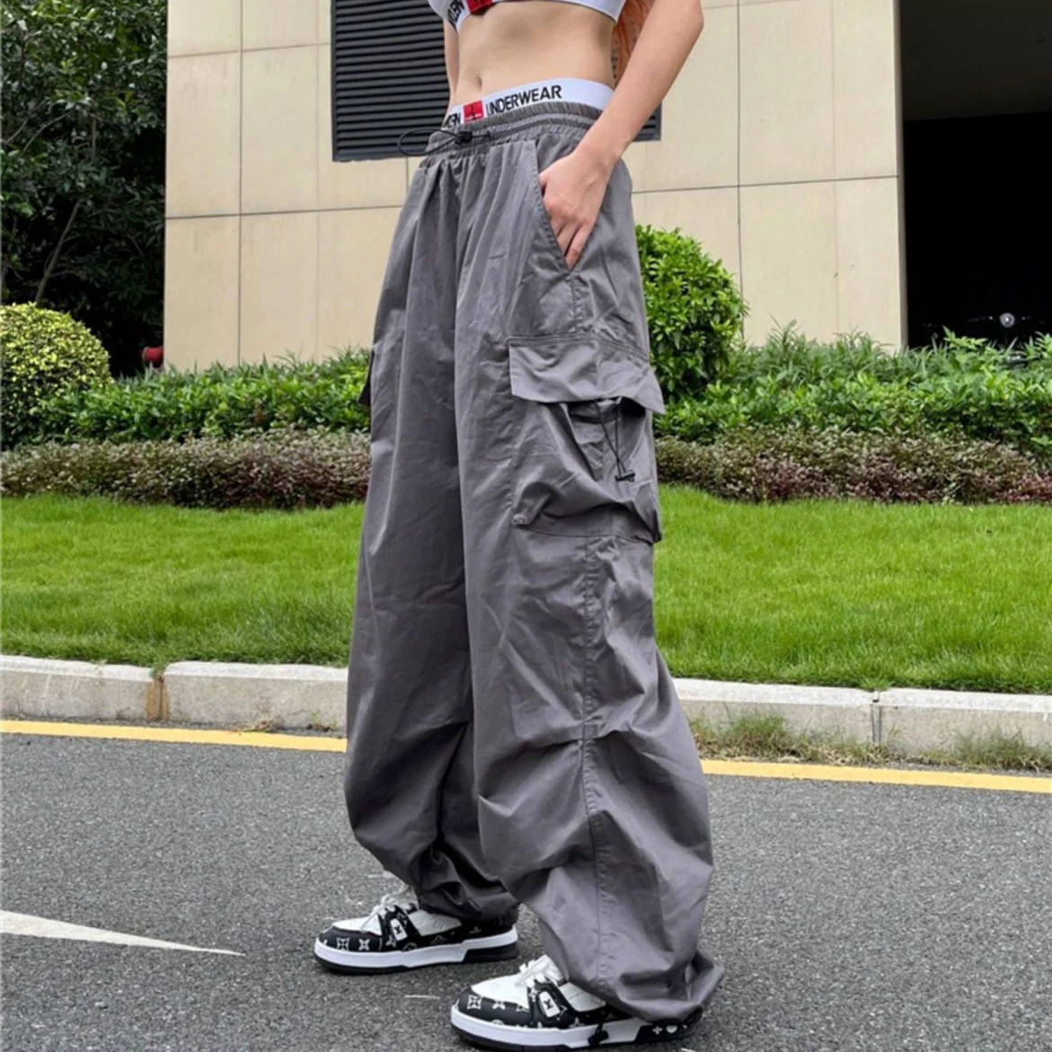 Drawstring Pocket Patch Size Friendly Parachute Cargo Pants - Image 3