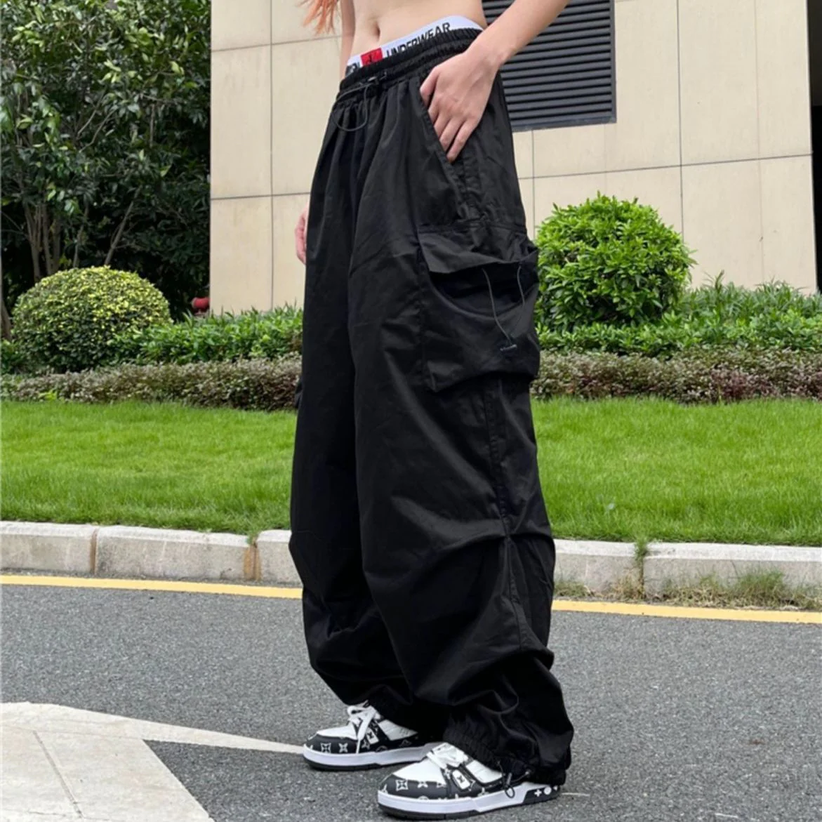 Drawstring Pocket Patch Size Friendly Parachute Cargo Pants - Image 4
