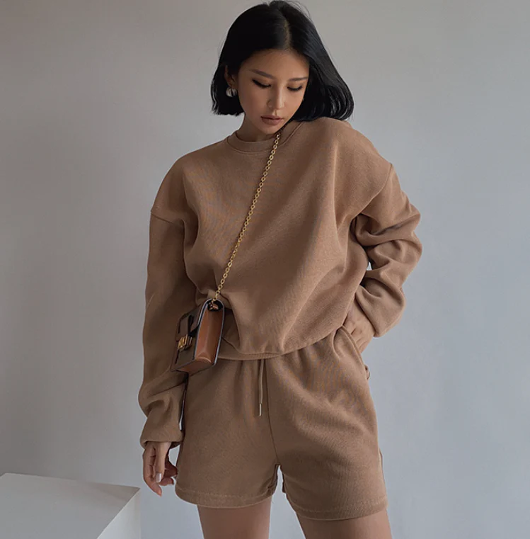 Drop Shoulder Halp Zip Sweatshirt & Drawstring Shorts Set - Image 11