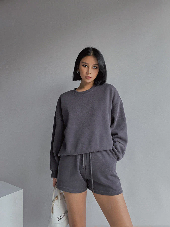 Drop Shoulder Halp Zip Sweatshirt & Drawstring Shorts Set - Image 12