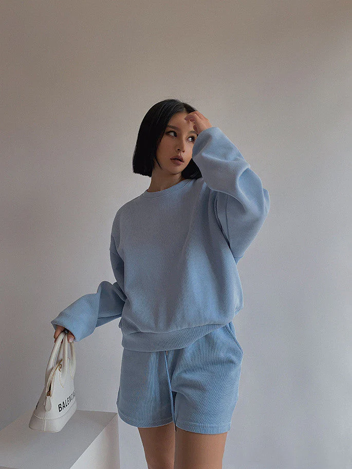 Drop Shoulder Halp Zip Sweatshirt & Drawstring Shorts Set - Image 13