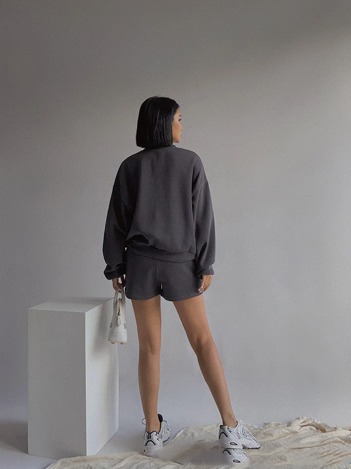 Drop Shoulder Halp Zip Sweatshirt & Drawstring Shorts Set - Image 7