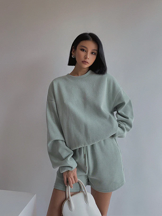 Drop Shoulder Halp Zip Sweatshirt & Drawstring Shorts Set - Image 9