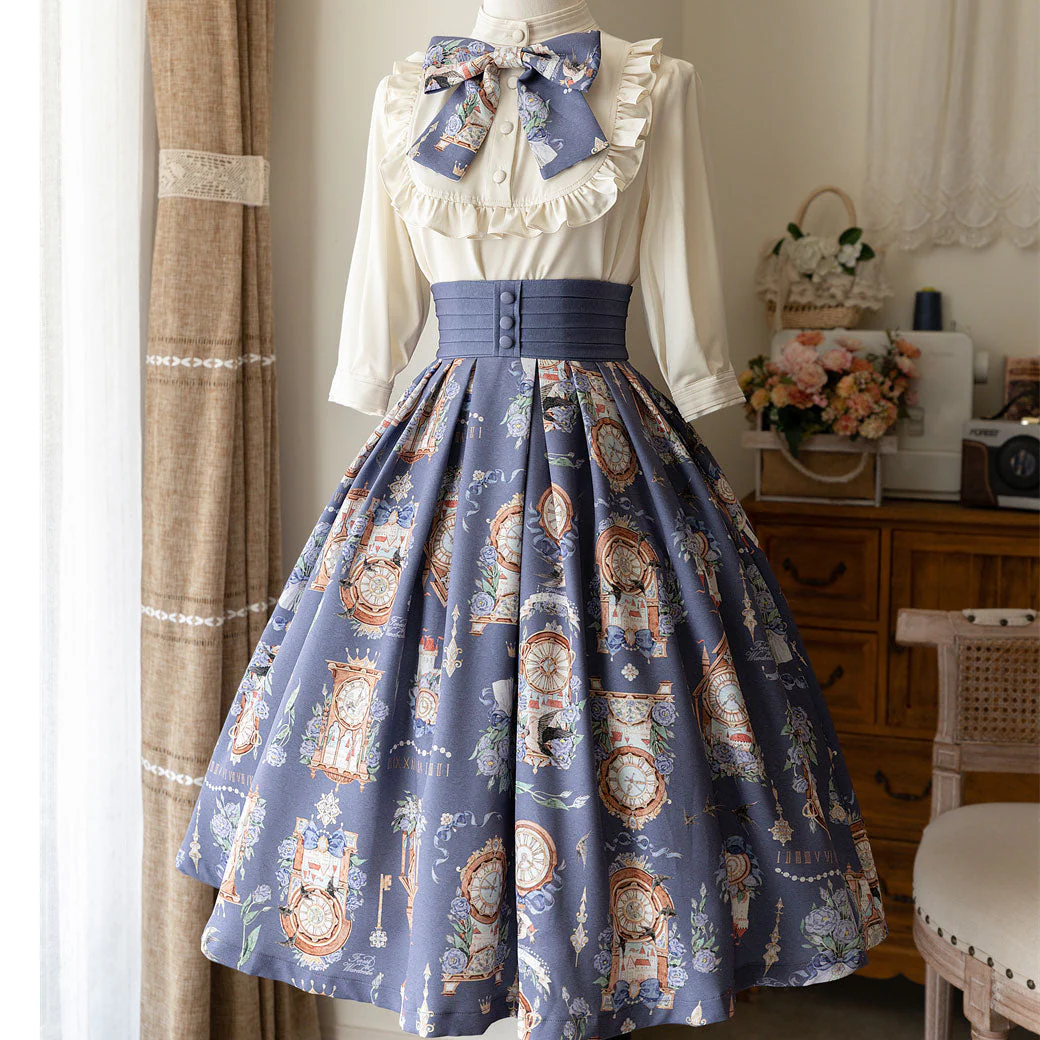 Elegant Clock Flower Skirt Bow Blouse Set - Image 3