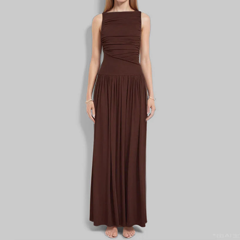 Elegant solid color slim fit pleated dress - Image 3