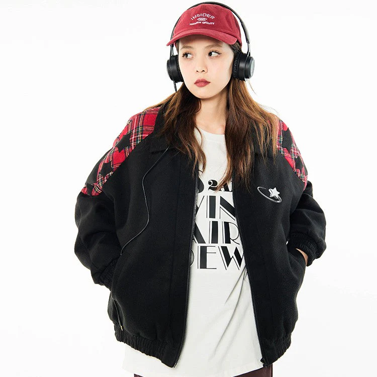 Embroidered Stars Plaid Varsity Jacket - Image 6