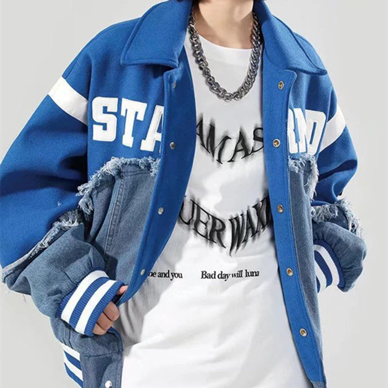 Embroidery Patchwork Denim Varsity Jacket - Image 4
