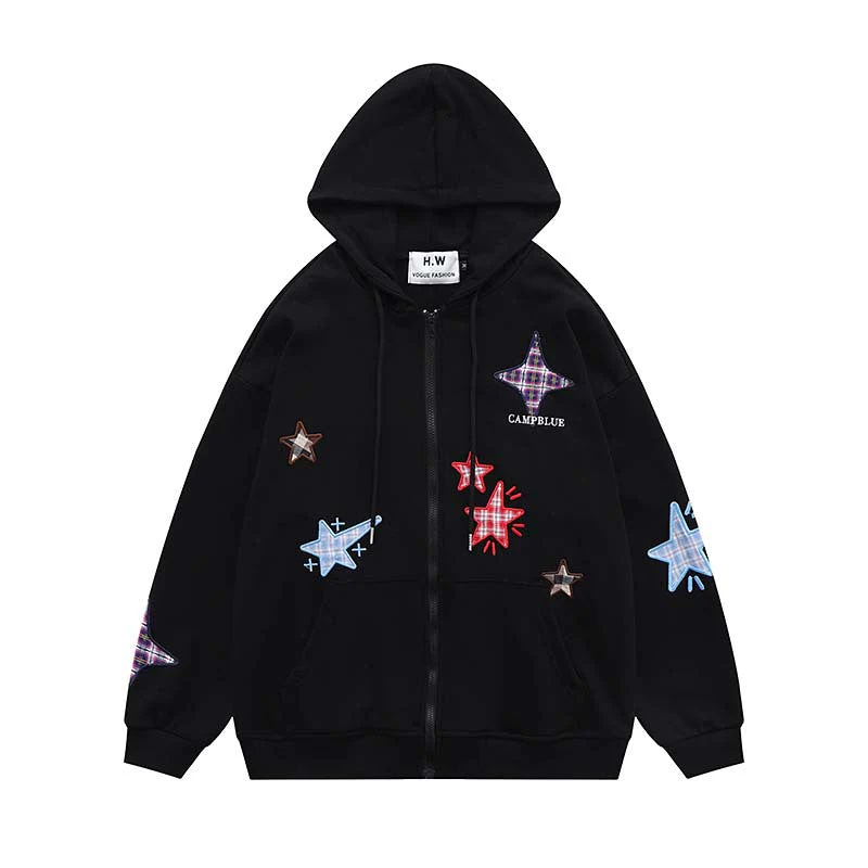 Embroidery Plaid Star Zip Up Hoodie - Image 3