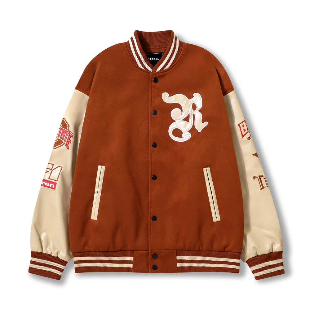 Embroidery Pu Leather Paneled Varsity Jacket - Image 13