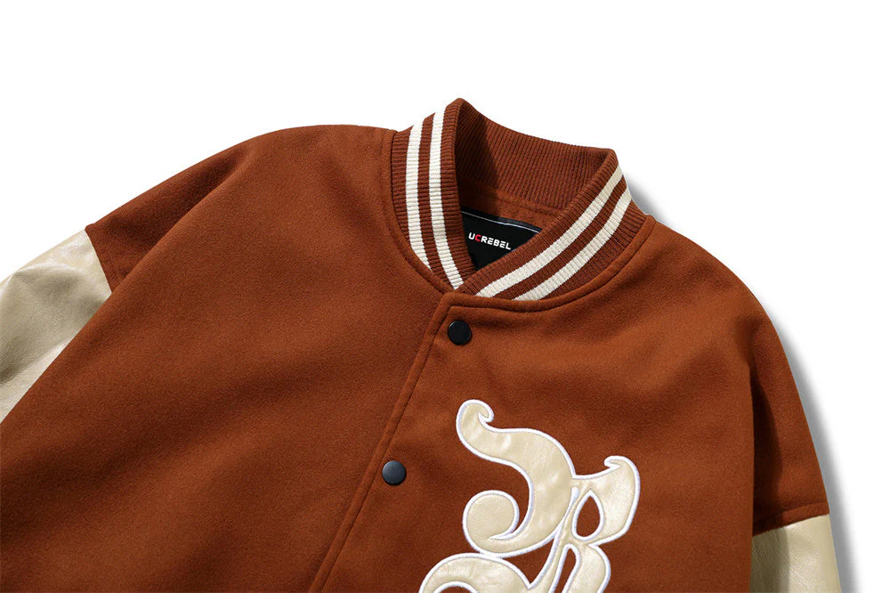 Embroidery Pu Leather Paneled Varsity Jacket - Image 6