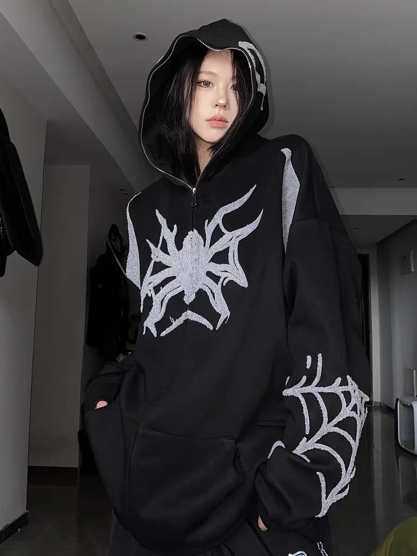 Embroidery Punk Spider Zip Up Hoodie - Image 5
