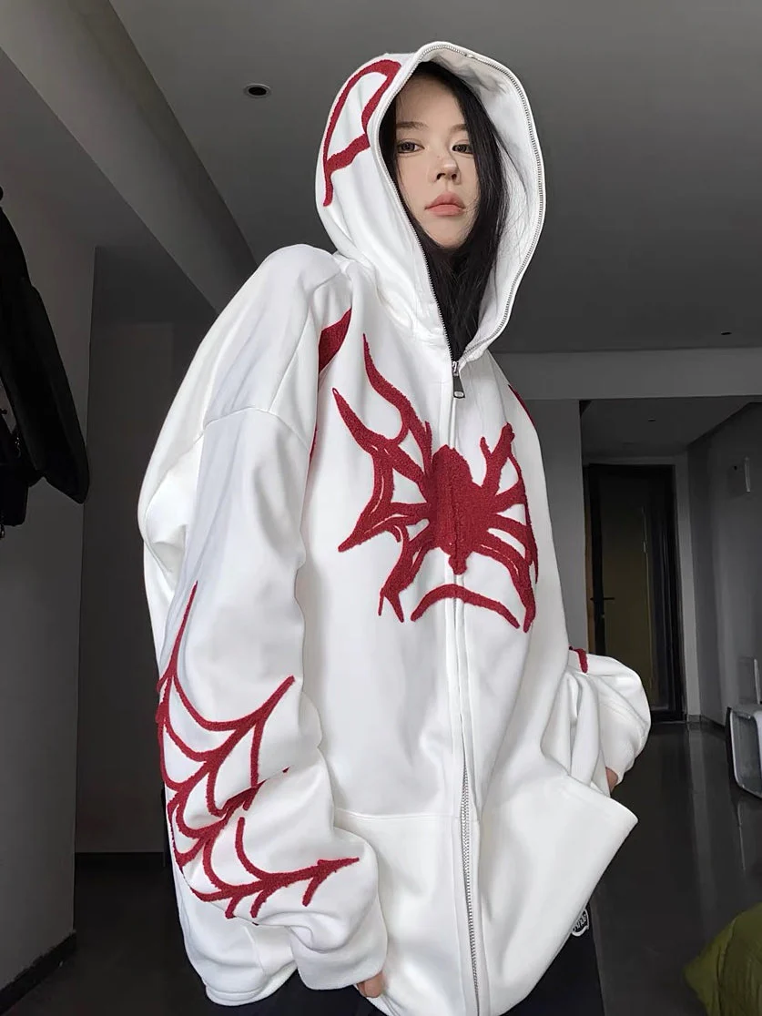 Embroidery Punk Spider Zip Up Hoodie - Image 7