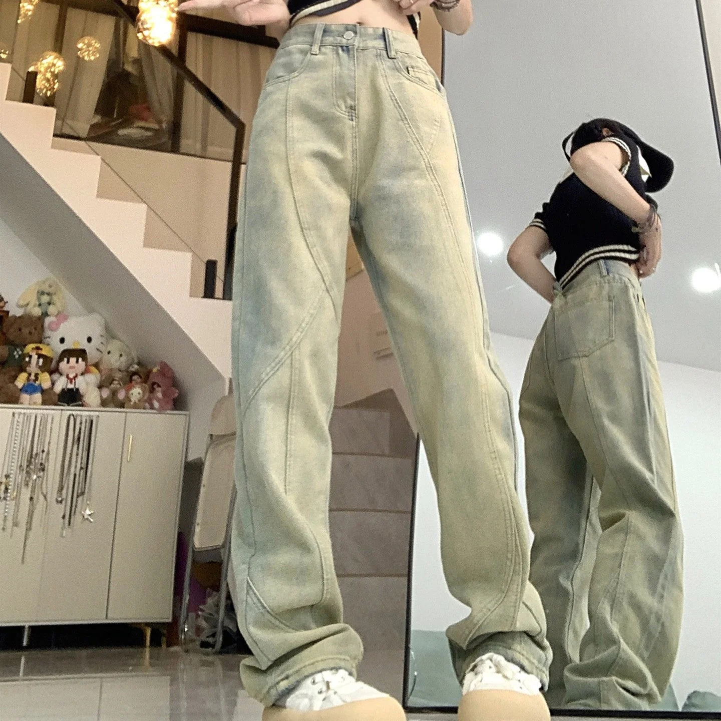 Faded Wash Paneled Seam Jeans - Image 4