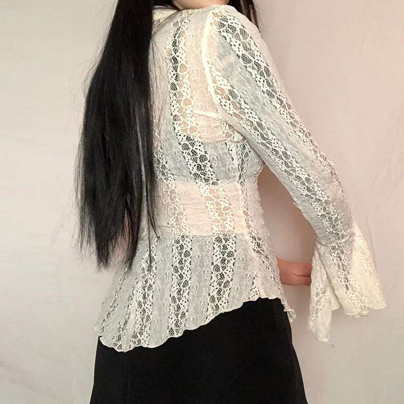 Fairycore Lace Patchwork Flare Sleeve Blouse - Image 3