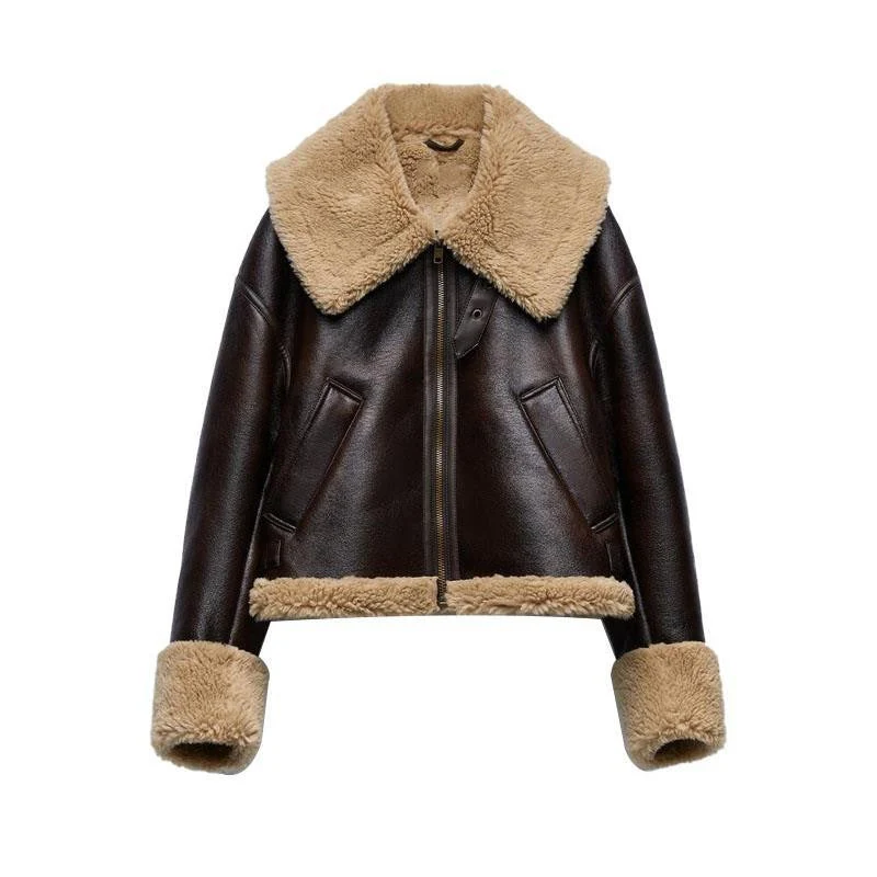 Faux Fur Collar Pu Leather Jacket - Image 2