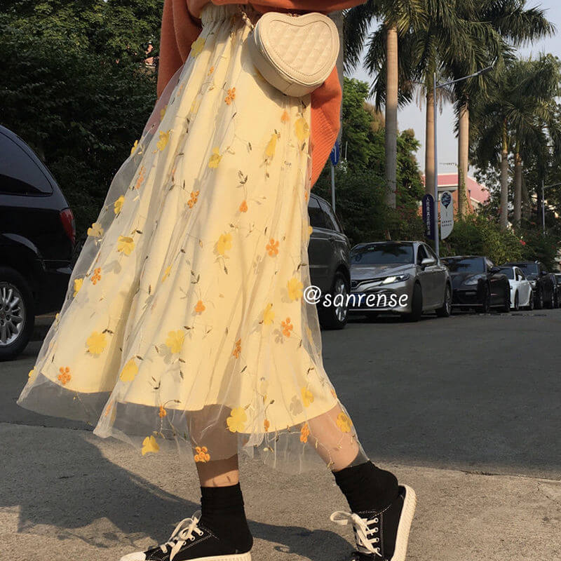 Flower Lace Mesh Long Skirt - Image 5