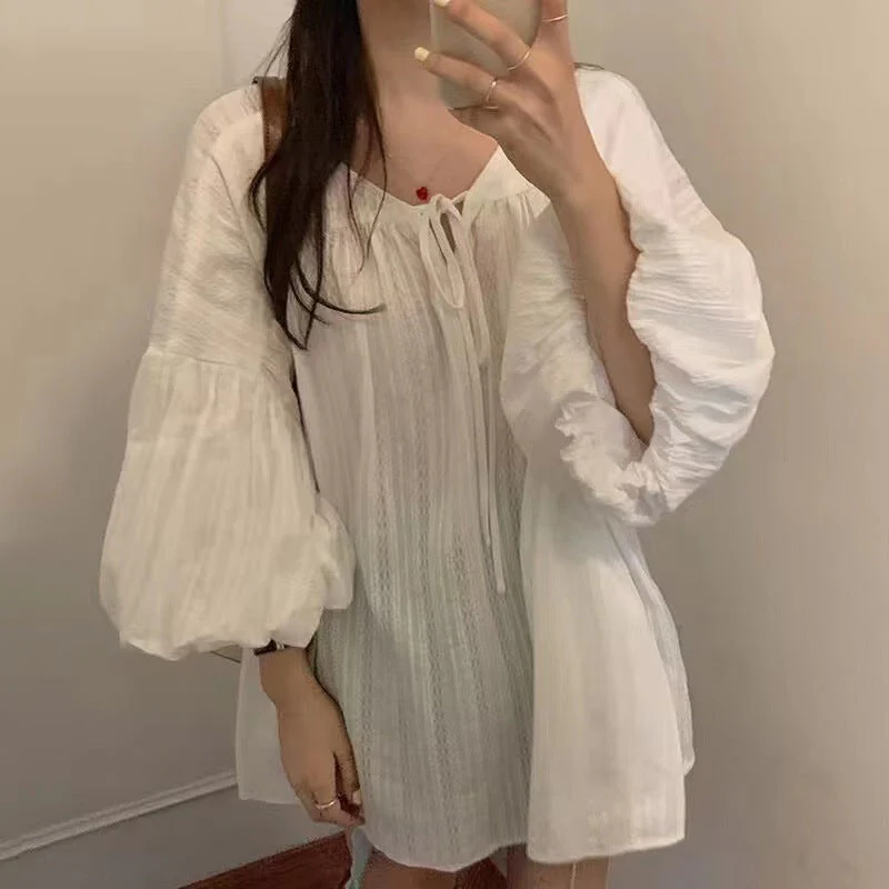 French Bubble Sleeve Lace Up Long Sleeve Blouse - Image 2