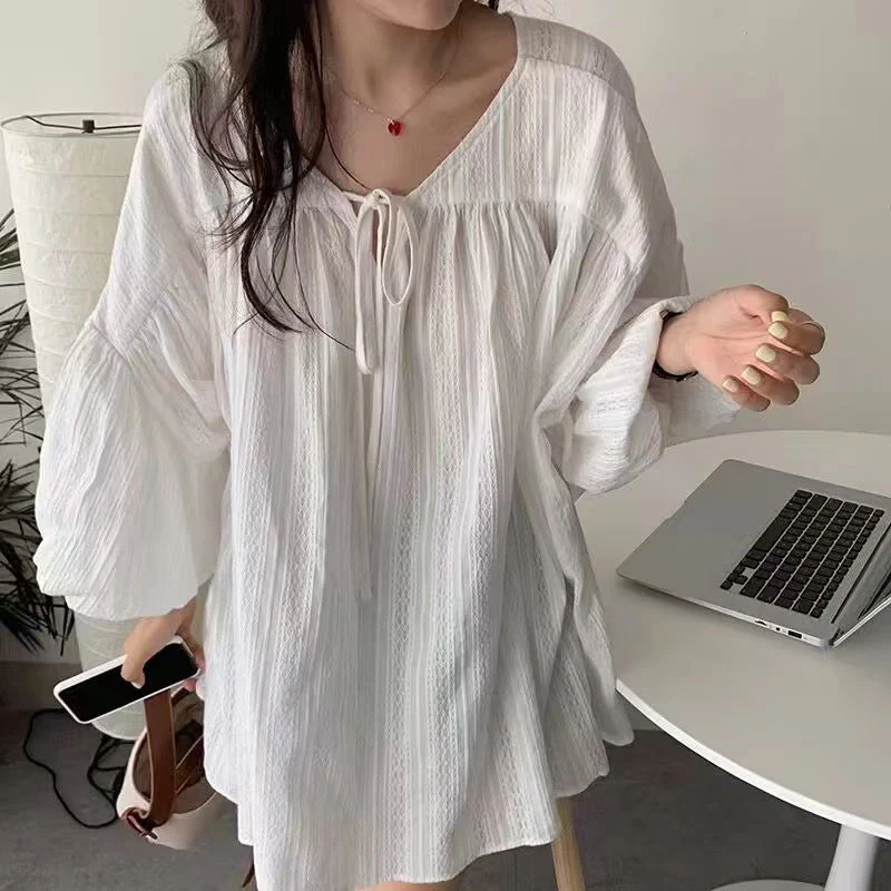 French Bubble Sleeve Lace Up Long Sleeve Blouse - Image 6