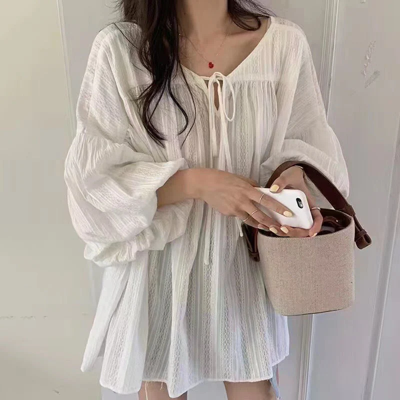 French Bubble Sleeve Lace Up Long Sleeve Blouse - Image 8