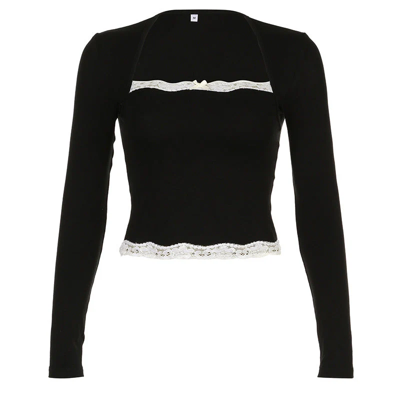 French Lace Trim Splice Slim Long Sleeve Tee - Image 3