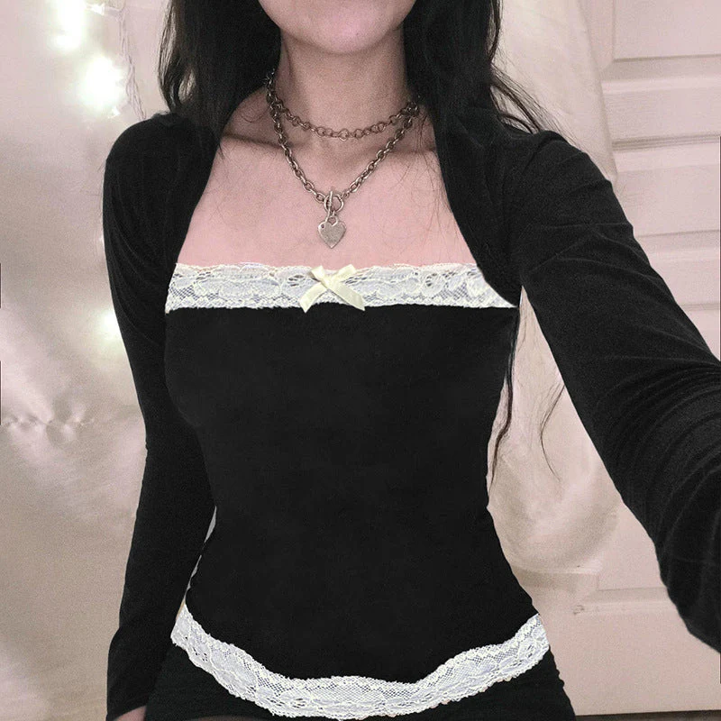 French Lace Trim Splice Slim Long Sleeve Tee - Image 7