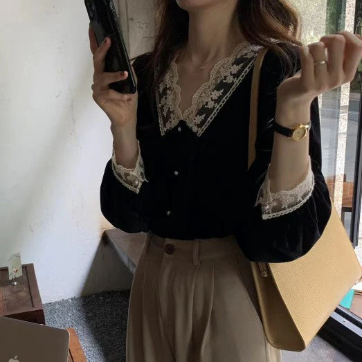 French Velvet Lace V Neck Long Sleeve Blouse - Image 2