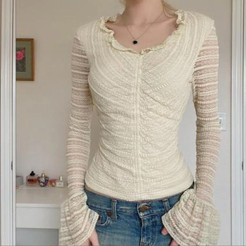 Frill Trim Lace Long Sleeve Blouse - Image 2