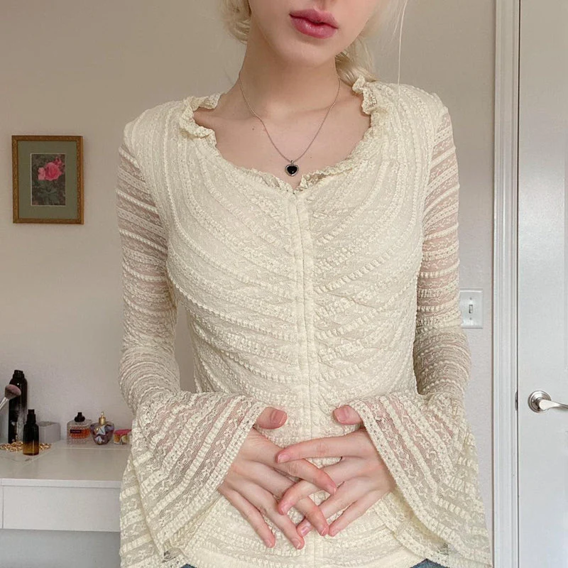 Frill Trim Lace Long Sleeve Blouse - Image 3