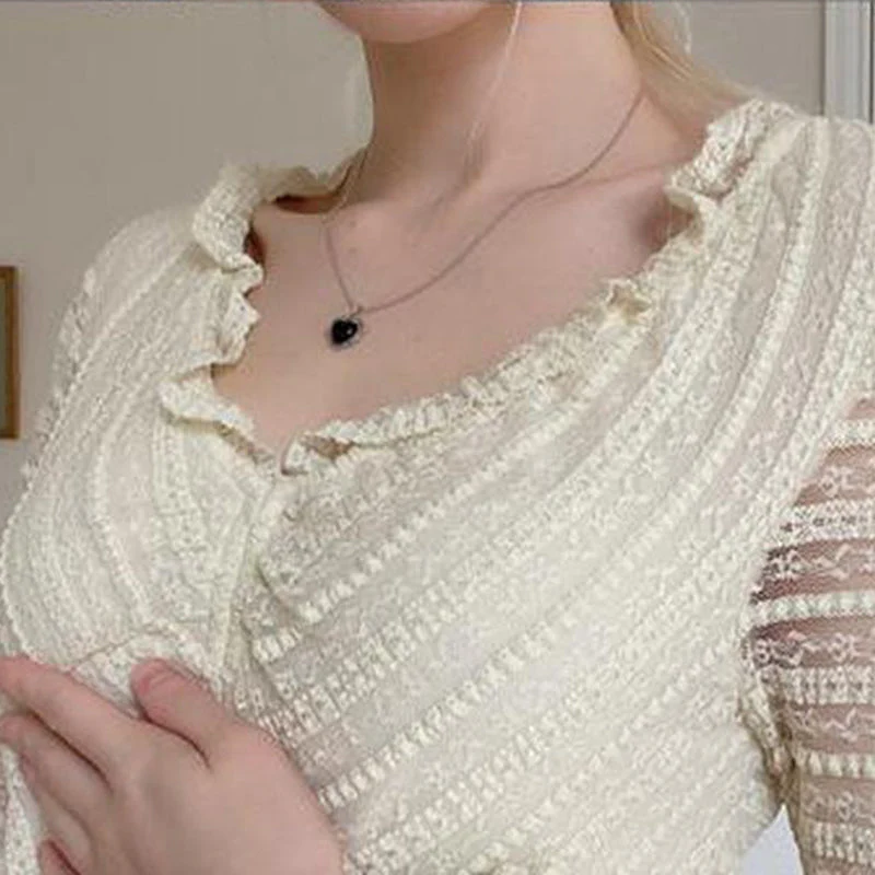 Frill Trim Lace Long Sleeve Blouse - Image 4