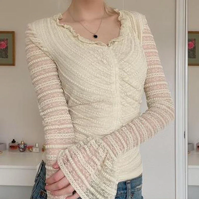 Frill Trim Lace Long Sleeve Blouse - Image 5