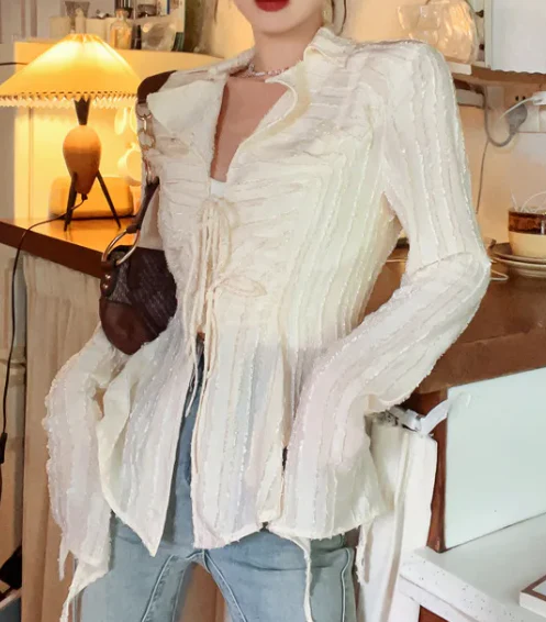 Front Tie Ruffle Long Sleeves Blouse - Image 6