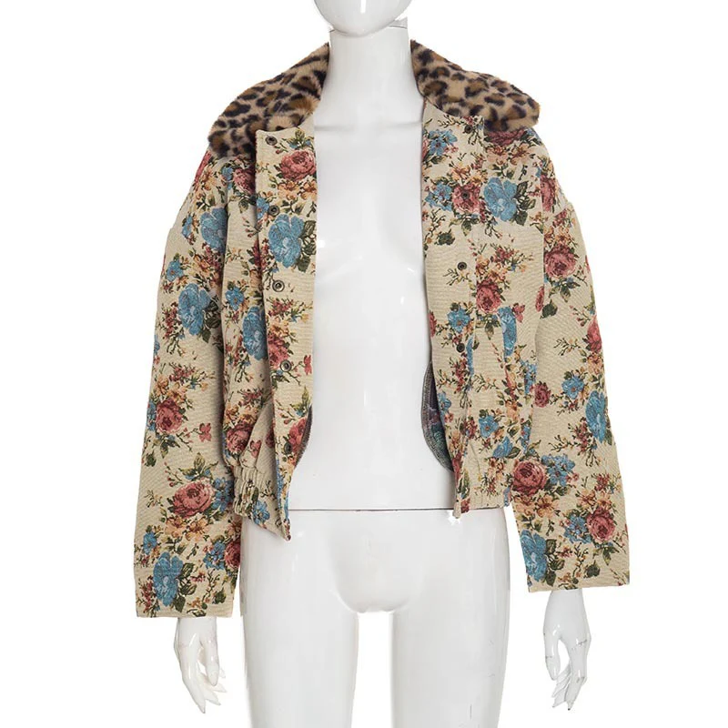 Fur Collar Patchwork Jacquard Long-Sleeved Button Cardigan Jacket - Image 7