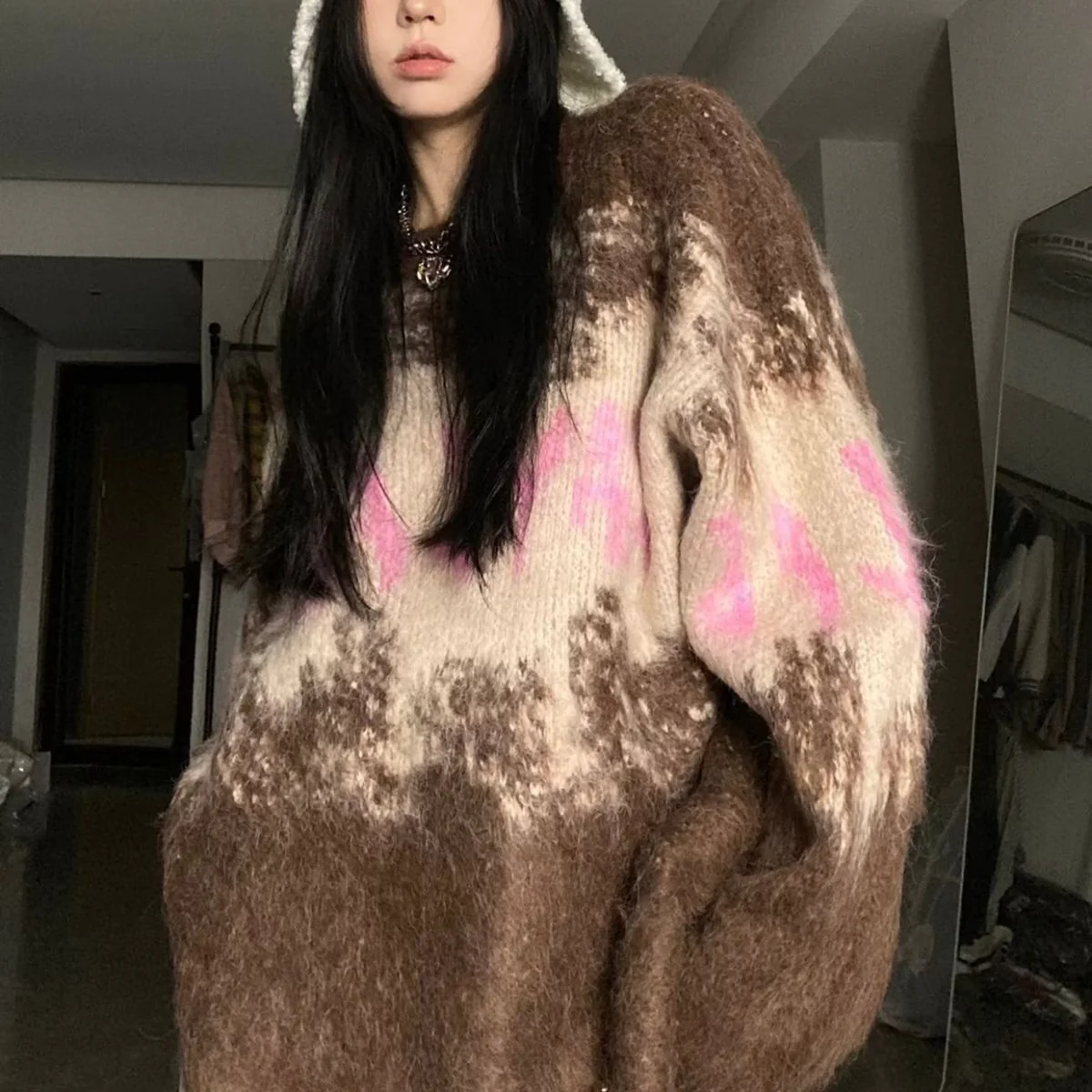 Fuzzy Contrast Color Print Oversized Sweater - Image 3