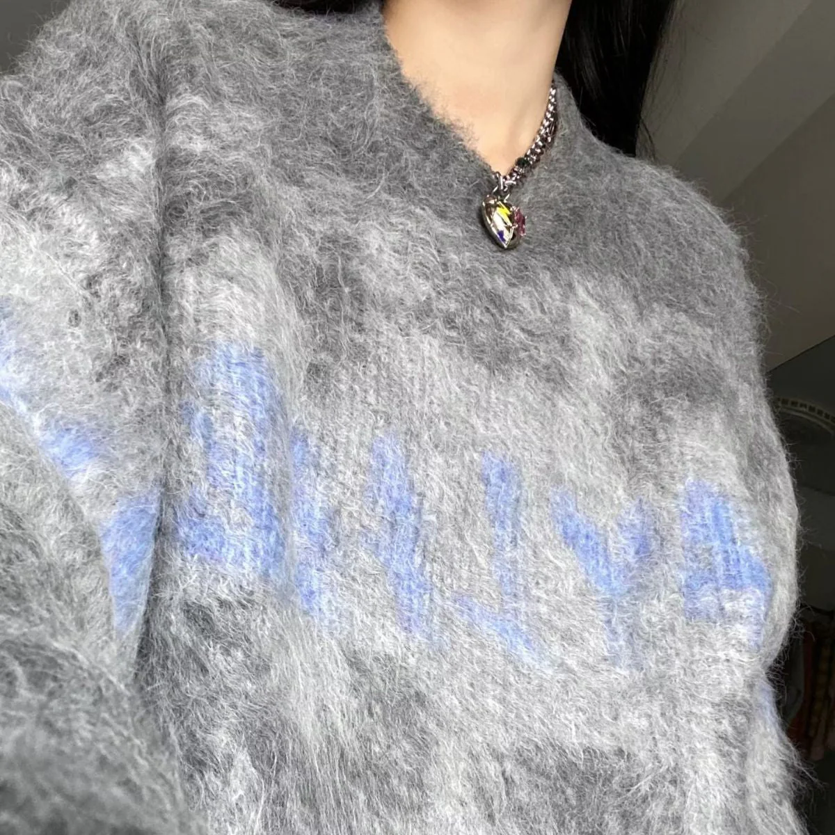 Fuzzy Contrast Color Print Oversized Sweater - Image 5