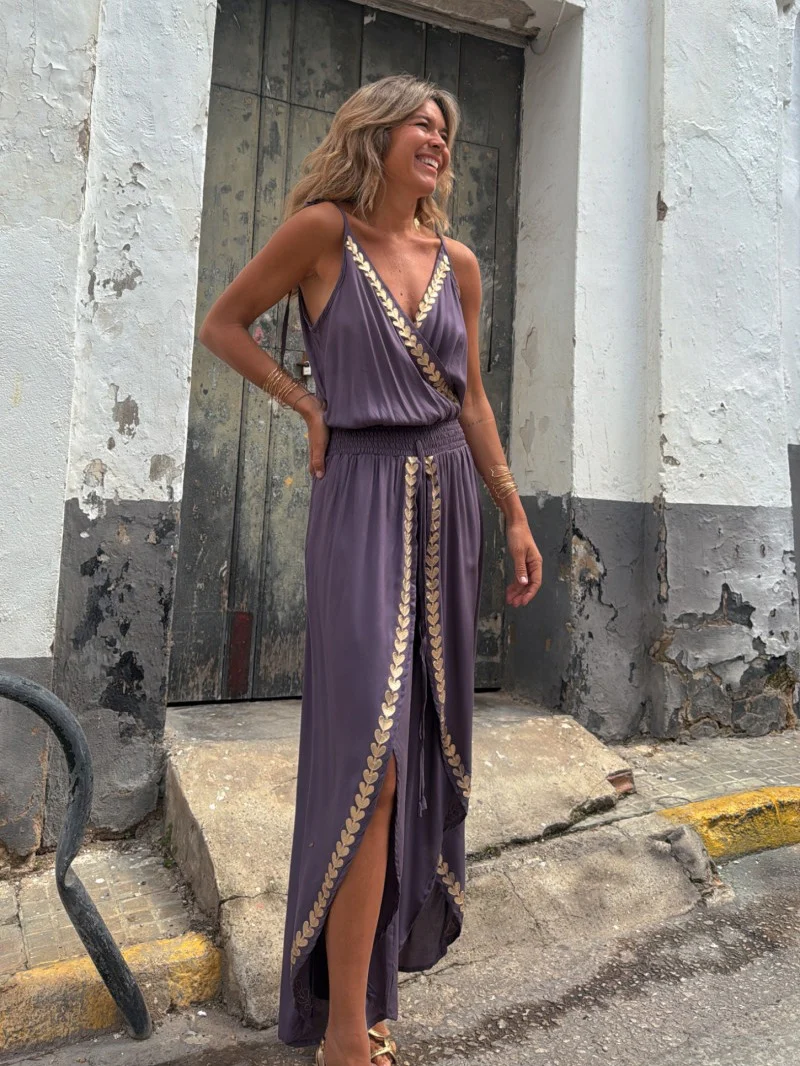Gold ribbon trim waist V-neck loose jumpsuit - Image 4