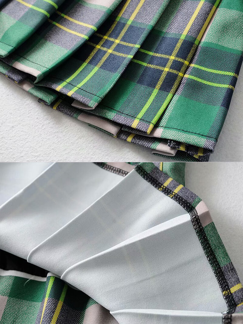 Green Grid Pleated Skirt - Image 4