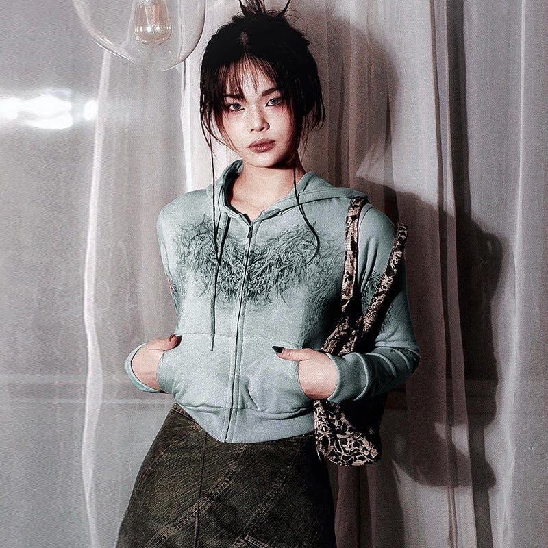 Grunge Zip Up Cropped Hoodie - Image 5