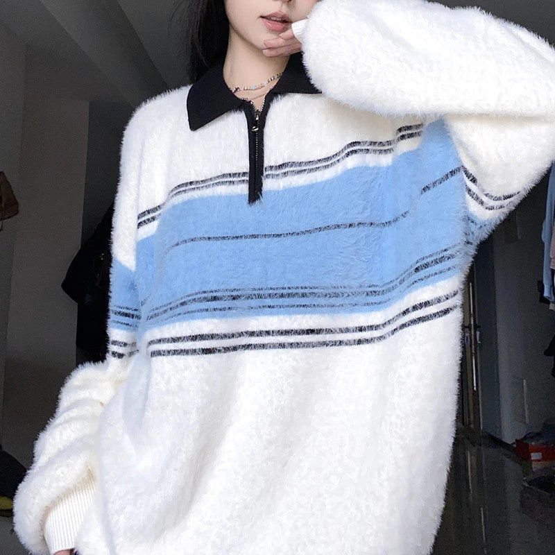 Half Zip Striped Fuzzy Oversized Sweater - Image 2