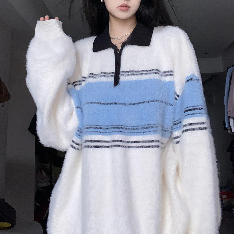 Half Zip Striped Fuzzy Oversized Sweater - Image 3