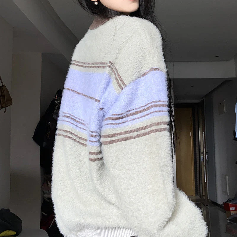 Half Zip Striped Fuzzy Oversized Sweater - Image 4