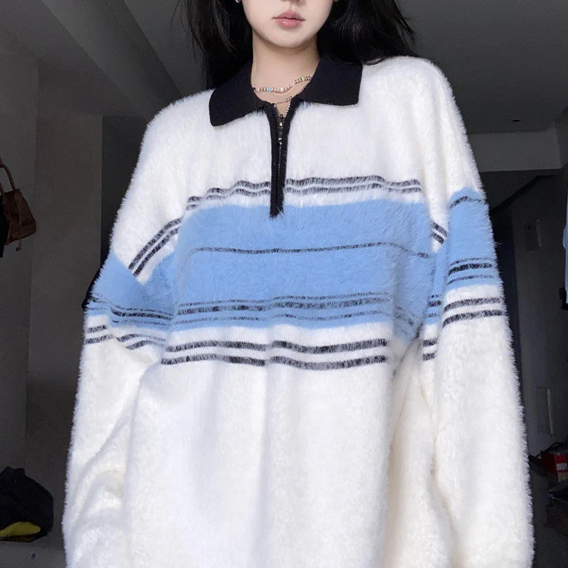 Half Zip Striped Fuzzy Oversized Sweater - Image 5