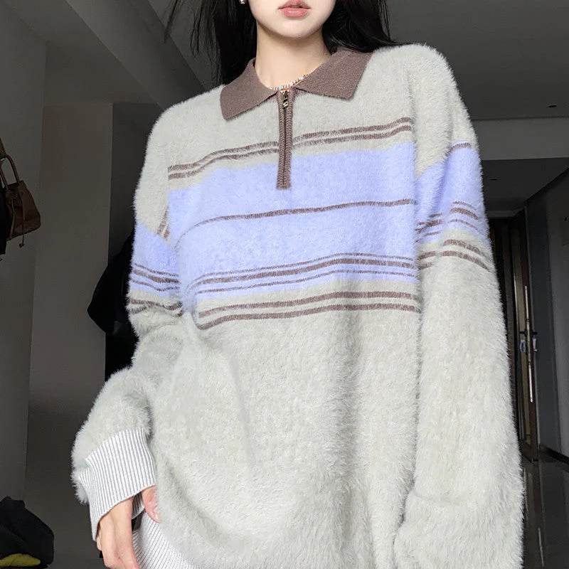 Half Zip Striped Fuzzy Oversized Sweater - Image 6