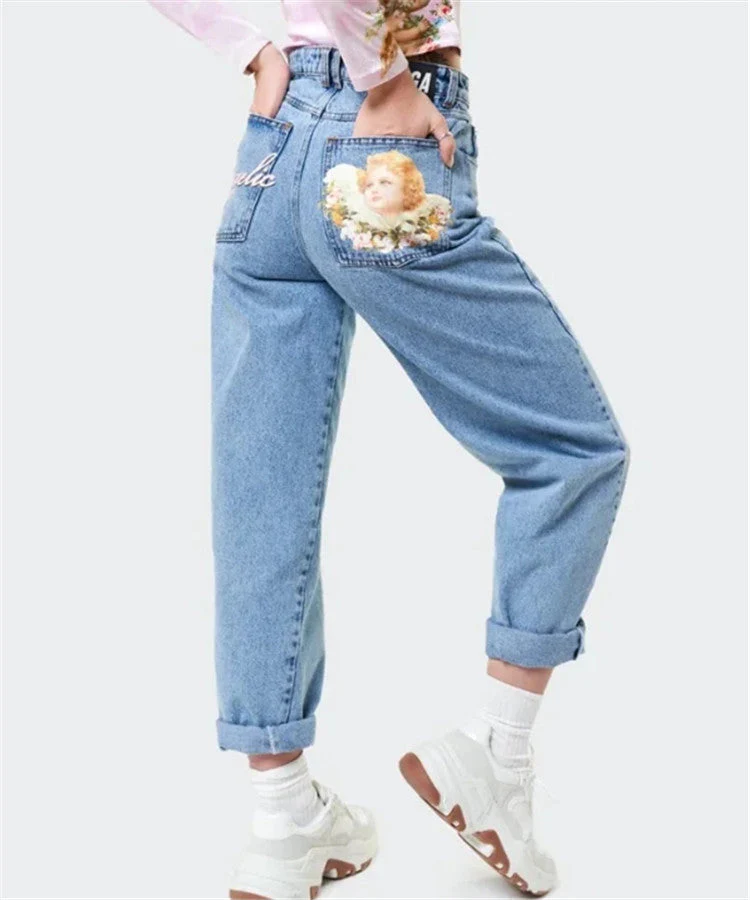 High Waist Angel Print Jeans - Image 3